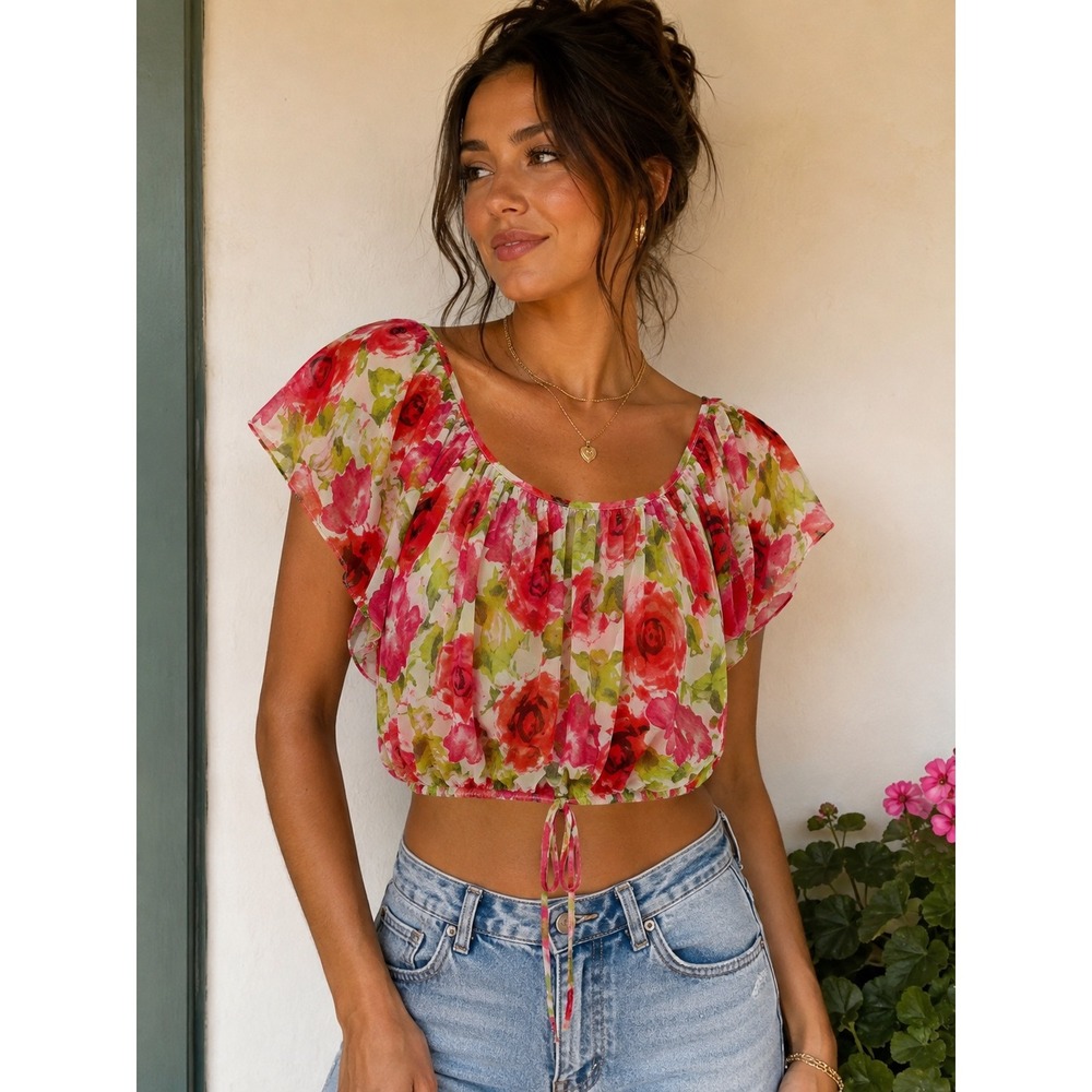 Wet Seal Y2K Floral Crop Top Red Pink Rose Sheer Flutter Sleeve Tie Hem Blouse L - Picture 1 of 5
